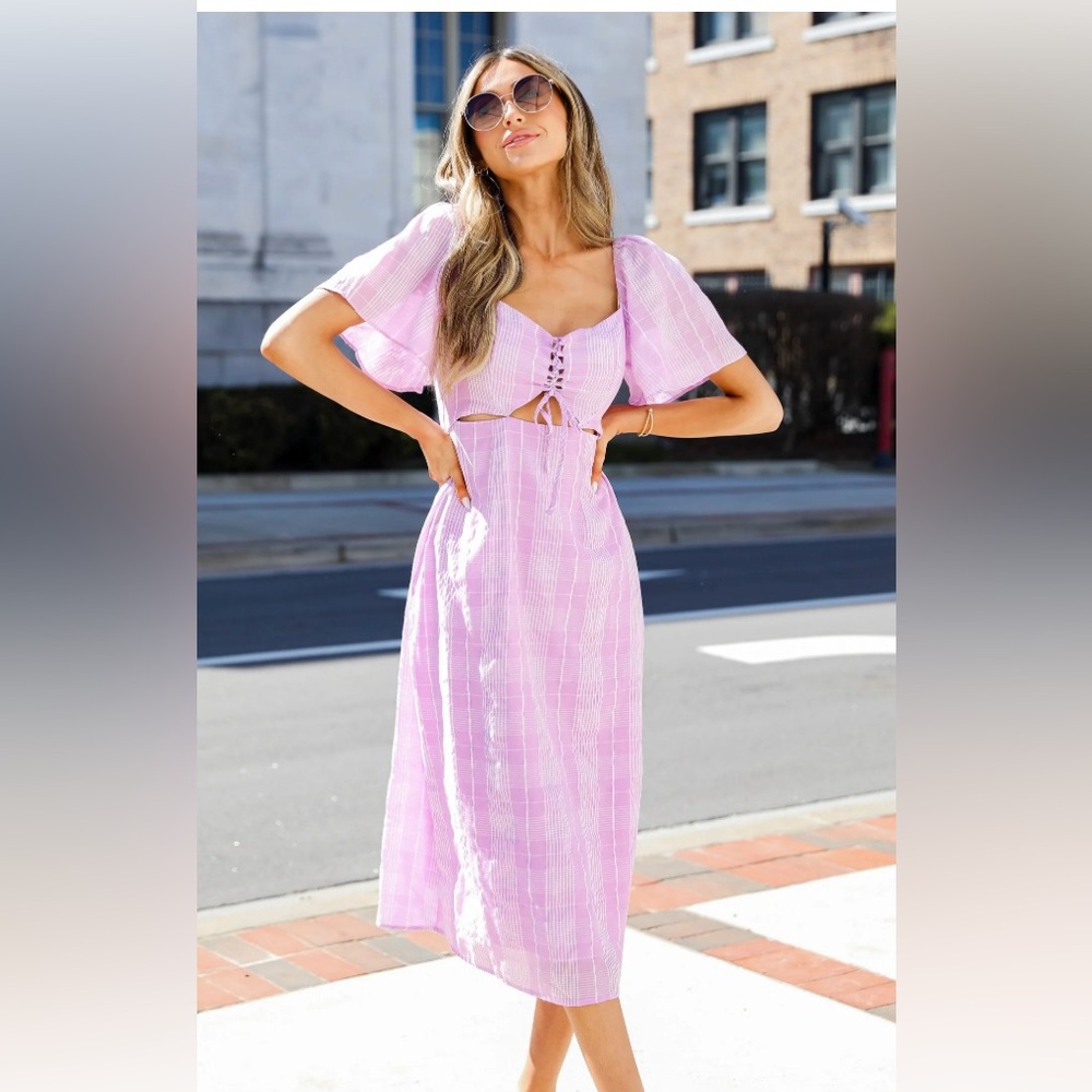 Lush Dress Lilac and White Plaid Lace up Top Smocked Back Women's M
